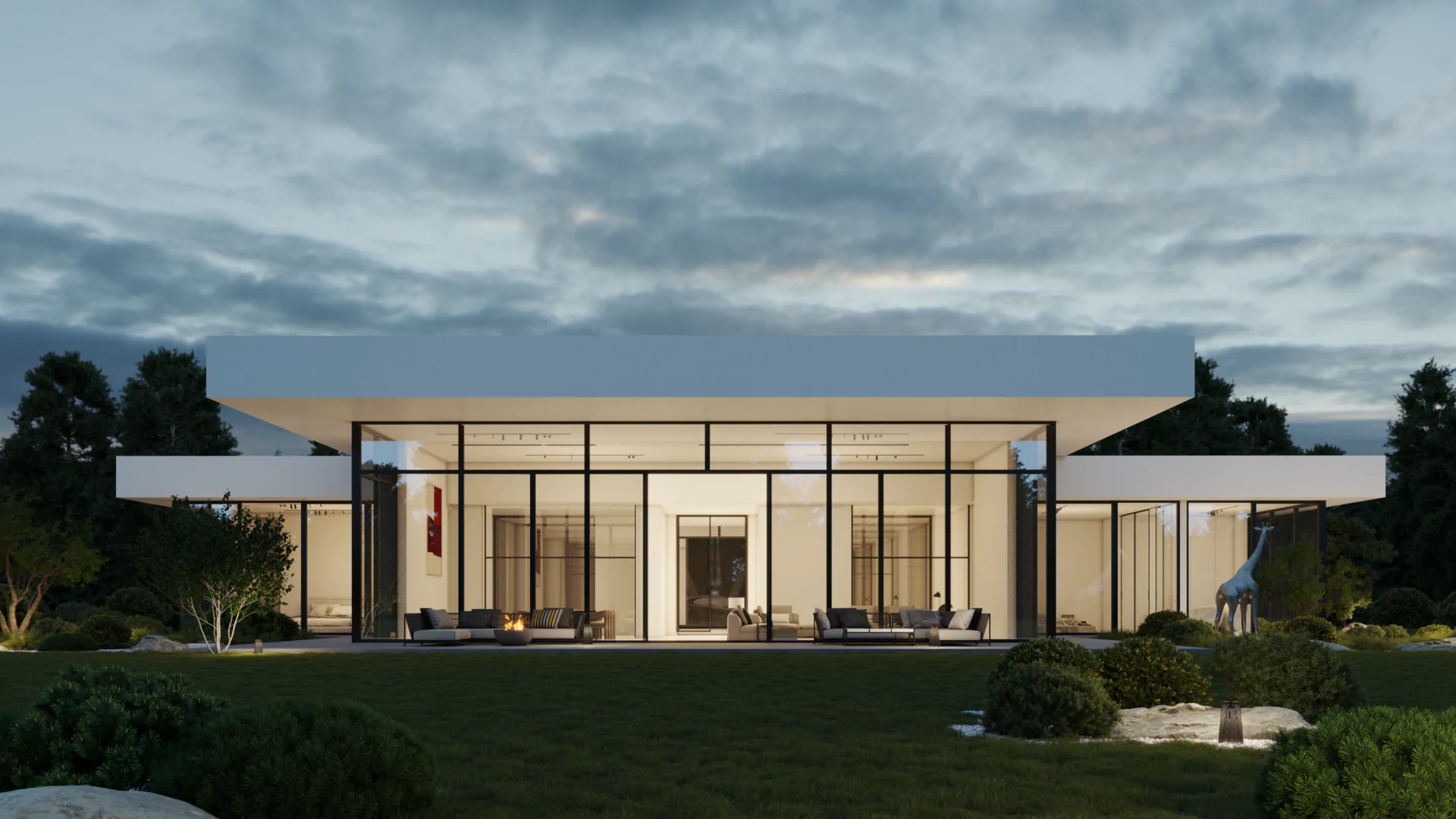 Современный дом с плоской крышей и панорамными окнами