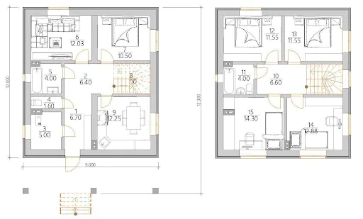 Планировка двухэтажного дома с четырьмя спальнями